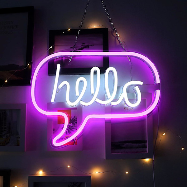 Hello Neonskilt, Hvit og Rosa Hello Lysskilt, USB LED Neonskilt Som Veggdekorasjon For Hjem, Soverom, Bar, Kaffebar, Restaurant, 44 x 22 cm