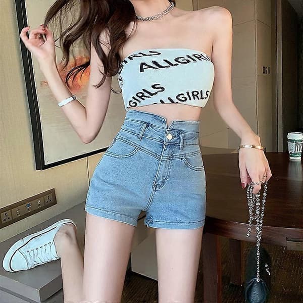 Ljusblå Hög Midja Denimshorts Jeans Dam