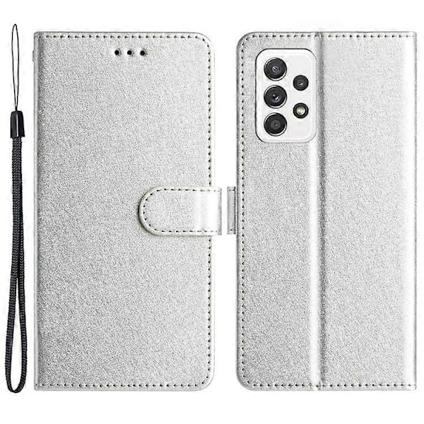 Kompatibelt för Samsung Galaxy A33 5G PU Läder Plånboksfodral med Ställ Silkesstruktur Flipfodral med Handrem Silver