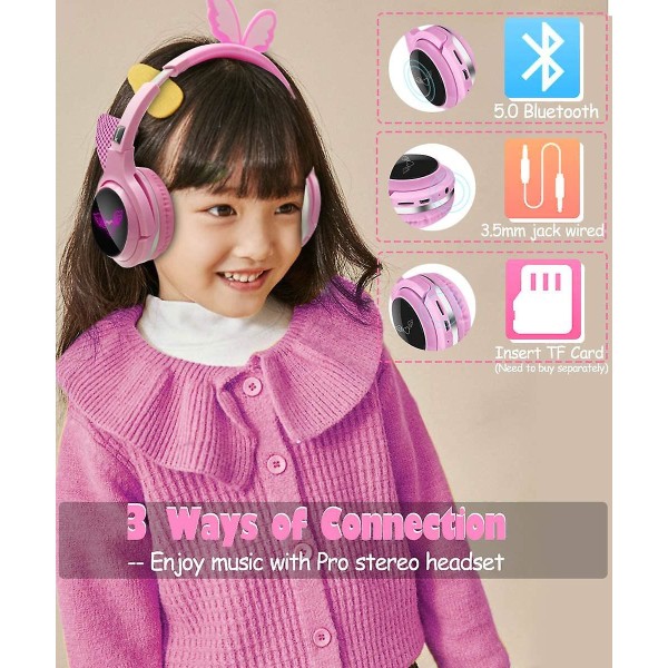 Barnehodetelefoner Gaming Headset LED-lys Sammenleggbar stereo med mikrofon Angel wings pink