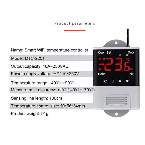 WIFI Termostat 110V-230VAC Digital Temperatur DS18B20 för Växthusplantering