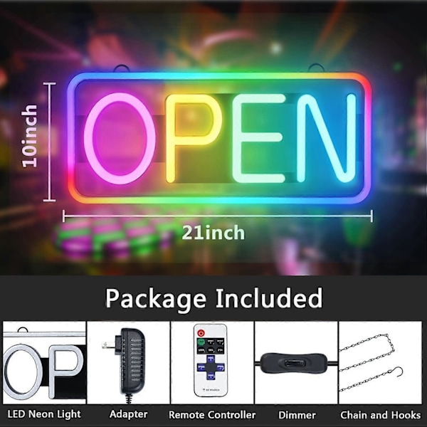 LED Öppen Skylt, 2110 tum Neon Öppen Skylt med Fjärrkontroll, Färgskiftande & Scrollande Lägen, Justerbar Ljusstyrka och Hastighet RGB Öppna Skyltar