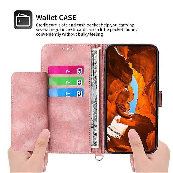 Kompatibel for Samsung Galaxy A55 5G Deksel Crossbody Lærdeksel med Kortlommer Lommebok Pink