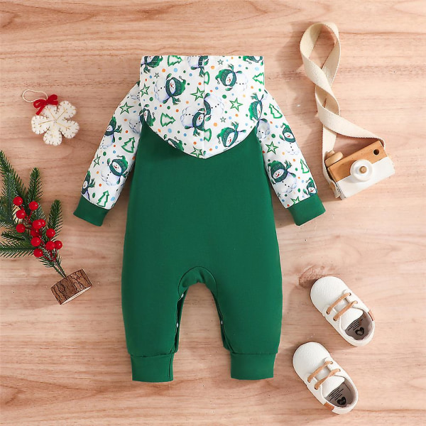 Baby flicka Barn 1:a jul God jul Hooded Långärmad Jumpsuit Bodysuit One Piece Romper Outfit Green 3-6M