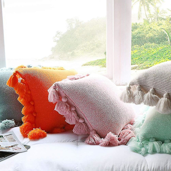 Strikkede Putetrekk med Dusker og Pomponer Boho Bondegård Stripet Kabelstrikket Putevar Dekorativt Putetrekk for Hjem Sofa Benk