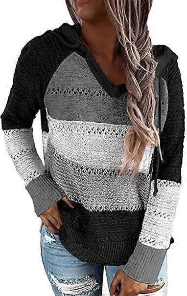 Stribede farveblok hættetrøjer til kvinder, moderigtig V-hals strikket sweater pullovers