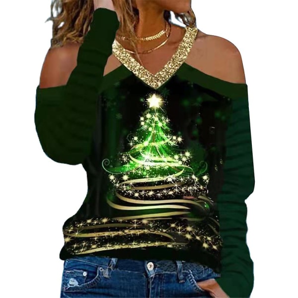 Kvinnor jul älgträd printed T-shirt blus Xmas kall axel V-ringad Långärmad Casual skjortor Toppar Plus Size Green L