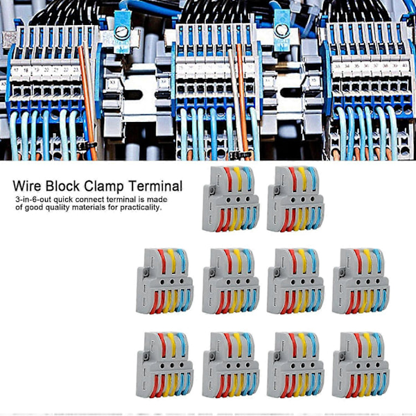 10 st Trådblock Klämma Terminal, 3in6Out Snabb Koppling Elektriska Kontakter, Slagtålig LT633 för Trådkrydda Hem