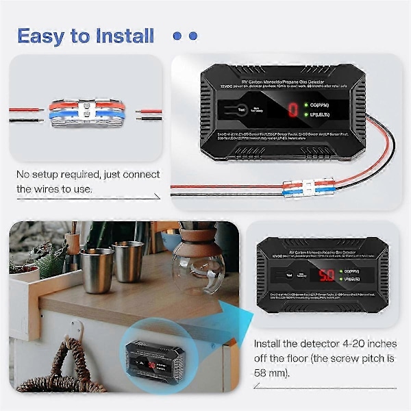 RV Kulilte- og Propangasdetektor, Dobbelt LP/CO Gasalarm med Separate LCD Indikatorlys Edition d