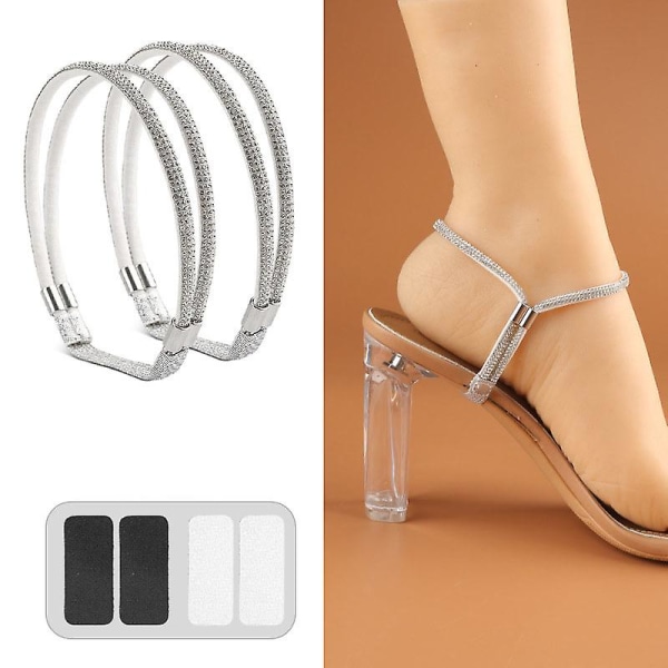 Uudet tekojalokivikorkokengät kengännauha anti-löysälle naisille timanttikengännauhat pudotusta estävät kantapäähihnat vyöporaus elastiset kiinteät vyöt Silver white diamond