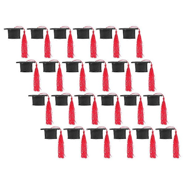 Mini examenshattar i röd filt med tofsar, studentfesttillbehör, 24-pack