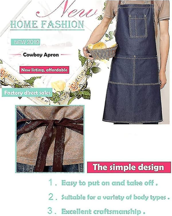 Denim Forkle, Topp Anbefalt - 100% Bomull Matlagingsforkle Med 3 Lommer Forkle Gave A
