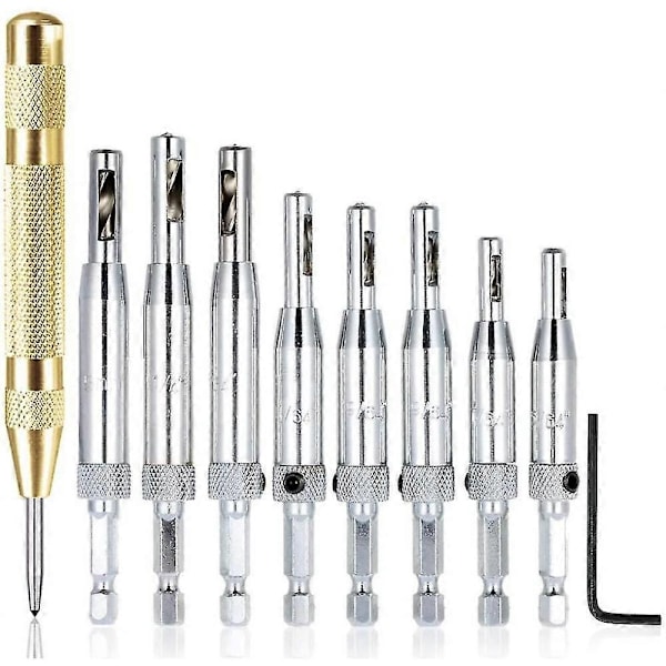 8 Delar Centreringsborrsats Med Automatisk Centerpunch, Självcentrerande Gångjärnsborr Hålslagare Träbearbetningsverktyg För 1/4'' Möbel Dörr ZNO