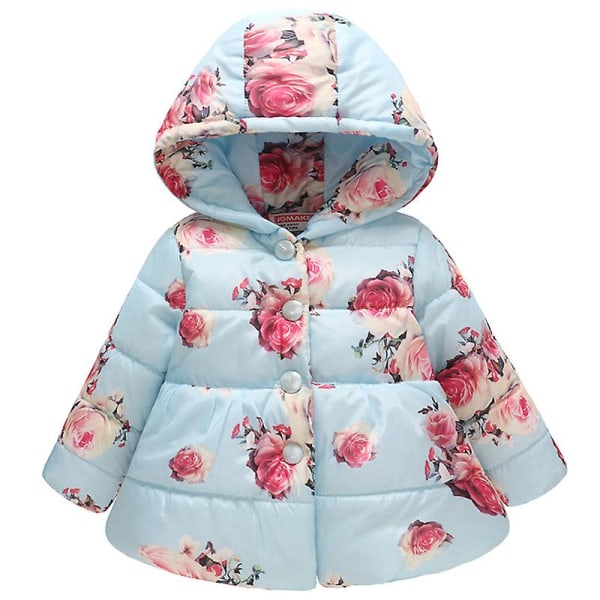 Toddler lapset tytöille kukkainen turvottu paksu hupullinen takki Talven lämmin tikattu takki Light Blue 5-6 Years