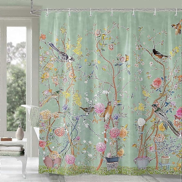 Dusjforheng Grønt Muggsikkert Vanntett Fugl Blomstret Baderomsforheng Hurtigtørkende Vektet 180x180cm (71x71Tommer) Grønn Fugl Blomstret