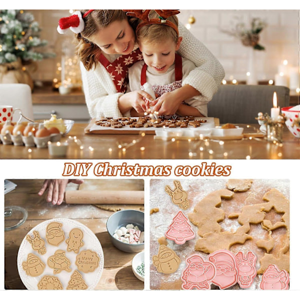 Julkakformar 8 st/set, 3D Pressbara Julkakformar och Stämplar, Jultomte Julgran Snögubbe Pepparkaksgubbe Formar