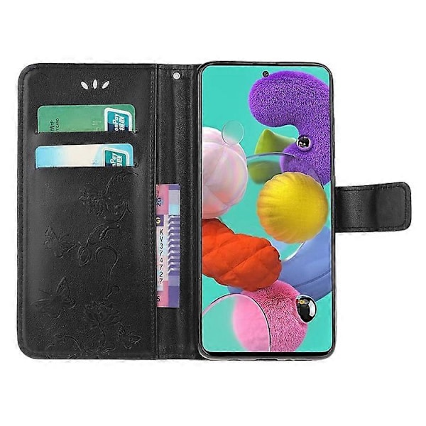 Præget Sommerfugl Blomst Skin PU Læder Flip Mobilcover Kompatibelt til Samsung Galaxy A51 Black