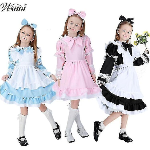 Snabb leverans 3-15 år Barn Flickor Alice Maid Cosplay Karnevalsdräkt Barn Fancy Dress Halloween Alice In Wonderland Kostym black M
