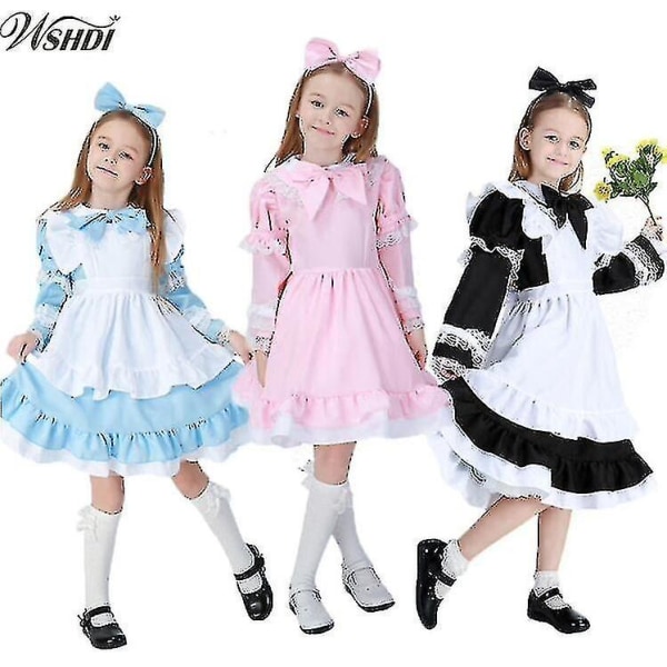 Snabb leverans 3-15 år Barn Flickor Alice Maid Cosplay Karnevalsdräkt Barn Fancy Dress Halloween Alice In Wonderland Kostym black XXL