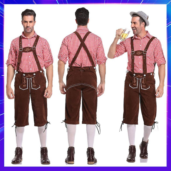 Tyskland Oktoberfest Kostymer Vuxna män Traditionella bayerska ölshorts Outfit Overall Skjorta Hatt Hängslen Set Halloweenduk A3 Shorts Top M