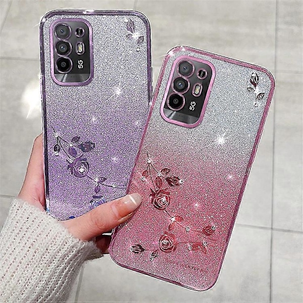 KADEM Yhteensopiva Oppo A95 5G / F19 Pro+ 5G / Reno5 Z / A94 5G TPU Naarmuuntumaton Suojakuori Strassikukka Glitter Liukuväri Puhelin PinkGold