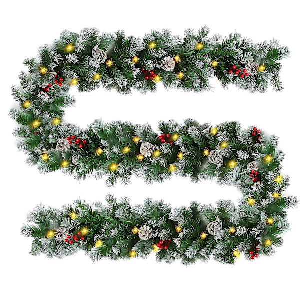 Færdigbelyst juleguirlande med fyrrekogler og bærklaser, kunstig guirlande med 50 LED-lys, batteridrevet til hjemmetrappe, pejs, hoveddør