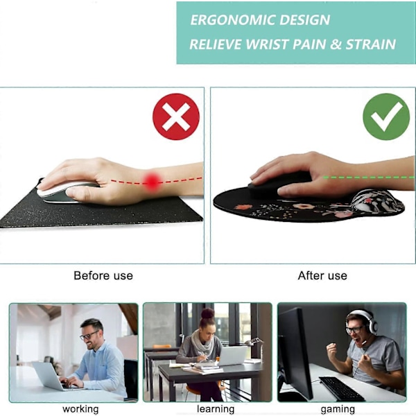Musmatta med handledsstöd, Ergonomisk musmatta med handledsstöd i memory foam, Halkfri gummibas för gamingmusmatta för hemmakontor dator L