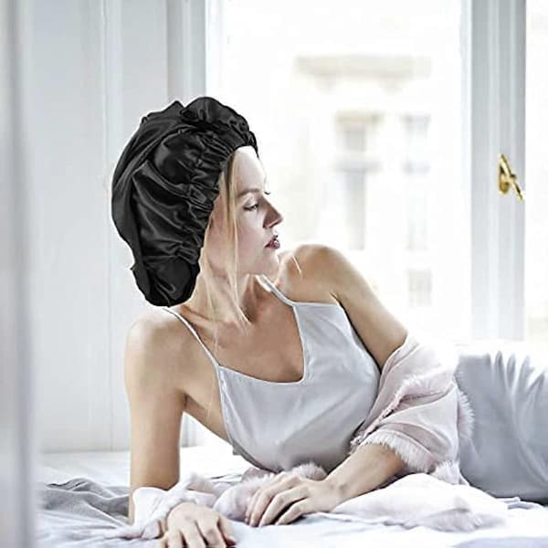 1 x Lang Sateng Hårhette Pustende Sovehette Bonnet Silke Afro Silke Sovehette Sateng Hette Justerbar Sovehette Natthette Hårpleiehette Svart