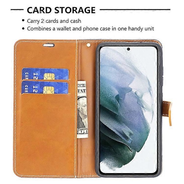 Splejsning Jeans Stof Overflade Læder Telefon Cover Wallet Stand Case Kompatibel Med Samsung Galaxy S21 FE/S21 Lite OceanBlue