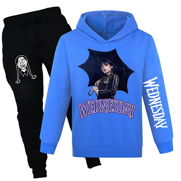 Onsdag Addams Printed Kids träningsoverall Set Hooded Sweatshirt Byxor Set Dark Blue 9-10 Years