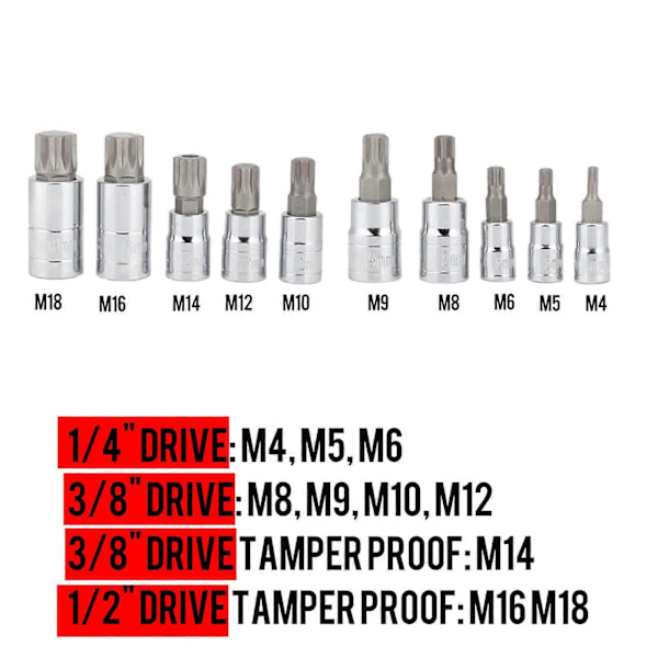 10 stk. 12-kantet Triple Square Splined Bit Top Sæt M4-M18 1/4\" 3/8\" 1/2\" Drev Reparationsværktøjssæt