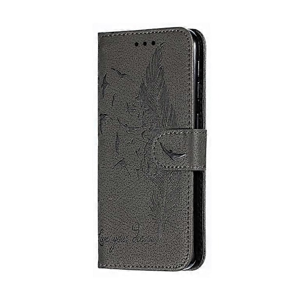 Litchi Tekstur Præget Fjer Læder Telefon Cover med Wallet Stand Kompatibel til Samsung Galaxy A20e Grey