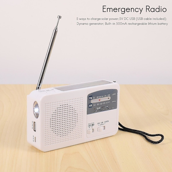 Nödradio med solceller och handvev, självdriven, batteri USB-laddning FM/AM-radio LED-blixt