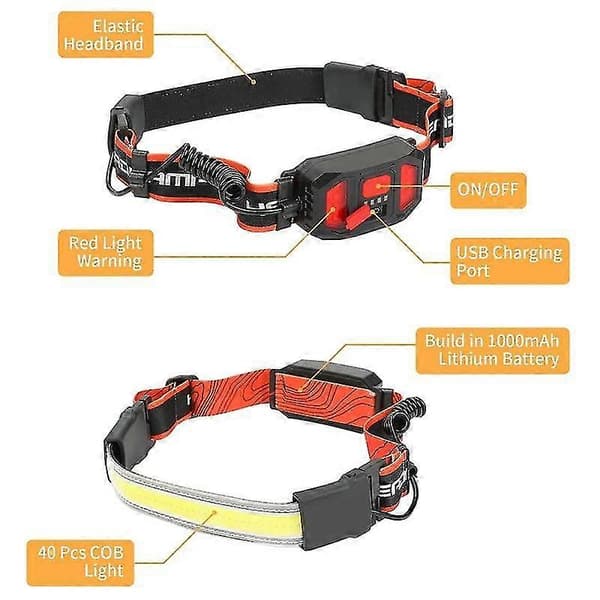 LED Hodelykt Bred Lysstråle Hodelykt Sterk COB LED Hodelykt Med 3 Lysmoduser For Fiske Løping Og Camping