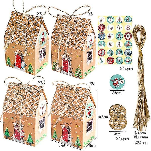 24-delars Adventskalender Pepparkakshus Presentask, Julgodisaskar med Snöre & Dekal