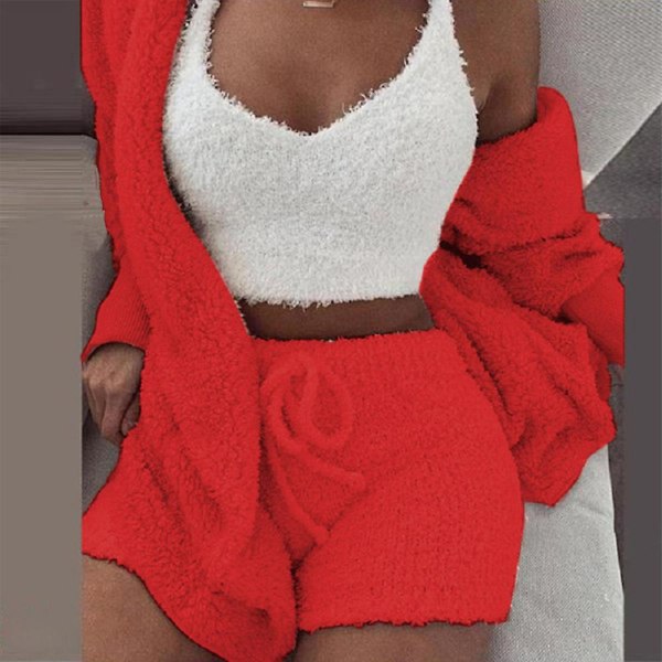 Dam 3st fleece fluffig päls + shorts + kort väst set red 2XL