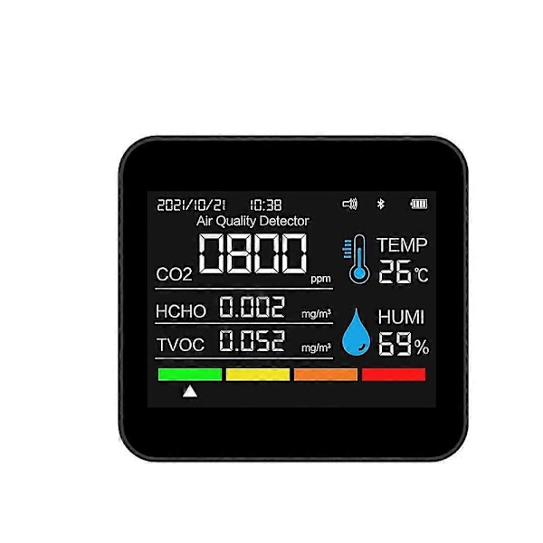 9-i-1 BT Luftkvalitetsmätare Tid/datum Co2 Tvoc Hcho Pm2.5 Pm1.0 Pm10 Temperatur Fuktighetsdetektering