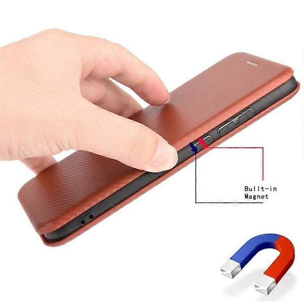 Kompatibelt för Nokia C32 PU Läder Kolfibertextur Fodral Kortfack Ställ Mobilskal Brown