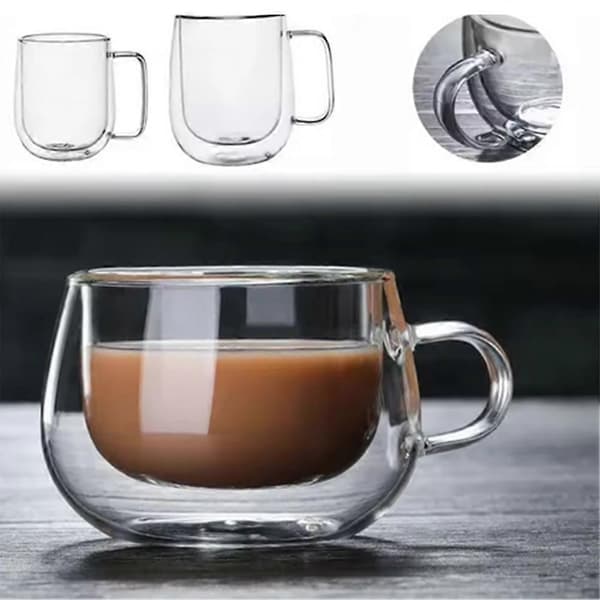 Dobbeltvægget teglas, klart krus til kaffe/mælk/vand, 250 ml