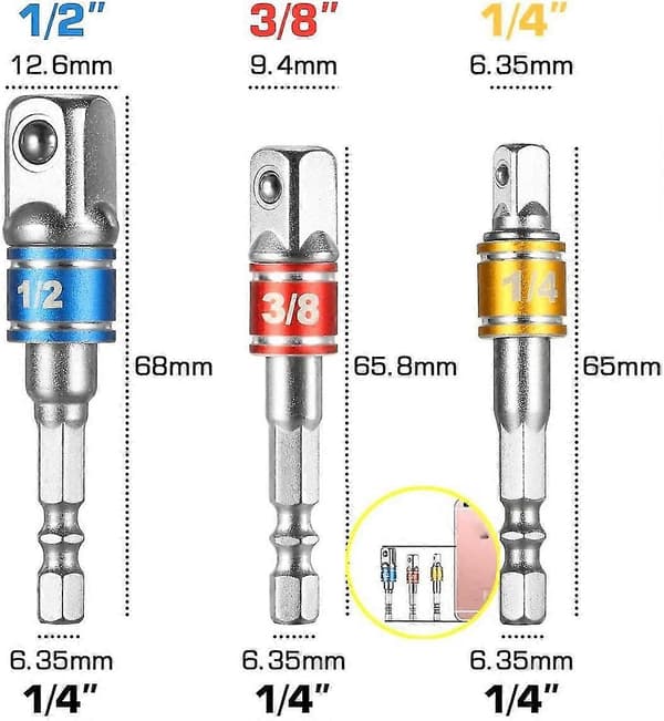 Batteridrevet Skrutrekker Socket Adapter Sett Inkl. 3 stk. Hex Socket Adapter Socket Adapter Skiftenøkkel + 4 stk. Socket Adapter 1/4 Til 3/8, 3/8 Til