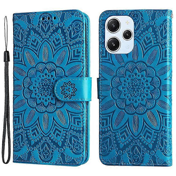 PU-nahkakotelo Xiaomi Redmi 12 4G -puhelimelle, auringonkukkakuvioitu lompakko naarmuuntumista estävä älypuhelinkotelo Blue