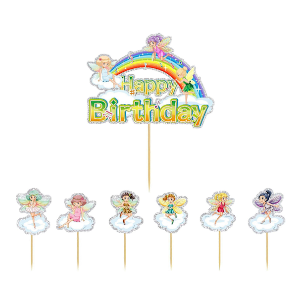 Tinkerbell Hyvää Syntymäpäivää Kakunkoriste, Sateenkaari Hyvää Syntymäpäivää Kakunkoristeet, Keiju-/Haltia-aiheiset Syntymäpäiväjuhlakoristeet