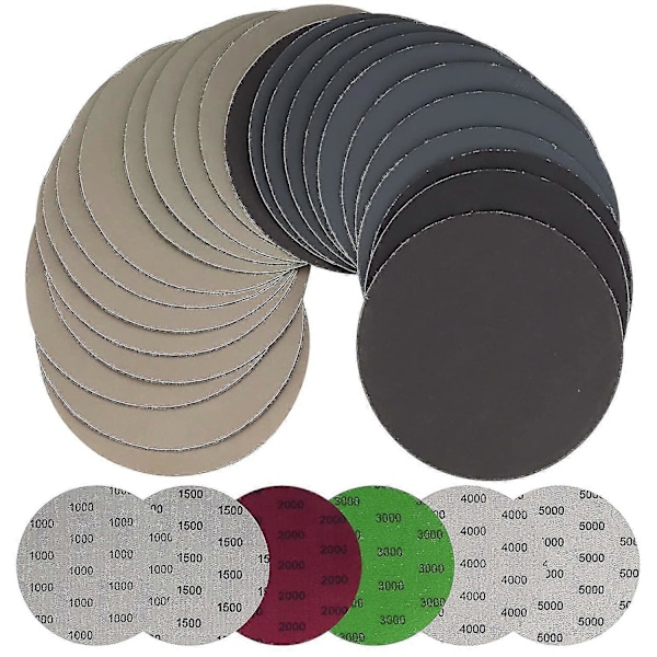 30 stk. 125 mm vådt og tørt sandpapir, runde slibeskiver, orbitale slibepuder sandpapirark til metaltræ - 1000/1500/2000/3000/4000/5000 korn