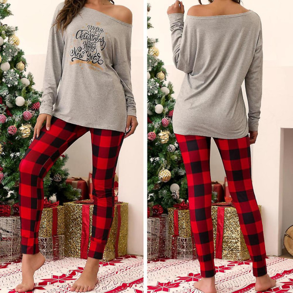 Naisten jouluinen print set Jouluiset pitkähihaiset topit Ruudulliset housut Pyjamat Kotivaatteet Gray XL