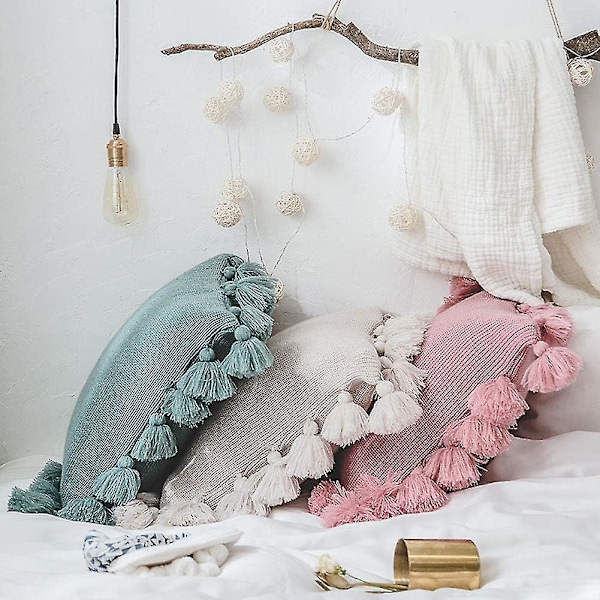 Strikkede Putetrekk med Dusker og Pomponer Boho Bondegård Stripet Kabelstrikket Putevar Dekorativt Putetrekk for Hjem Sofa Benk