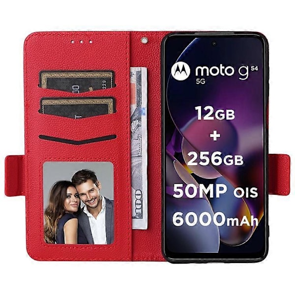 Kompatibel til Motorola Moto G54 5G / G54 Power Etui Pung Stand Telefon Cover med Rem Red