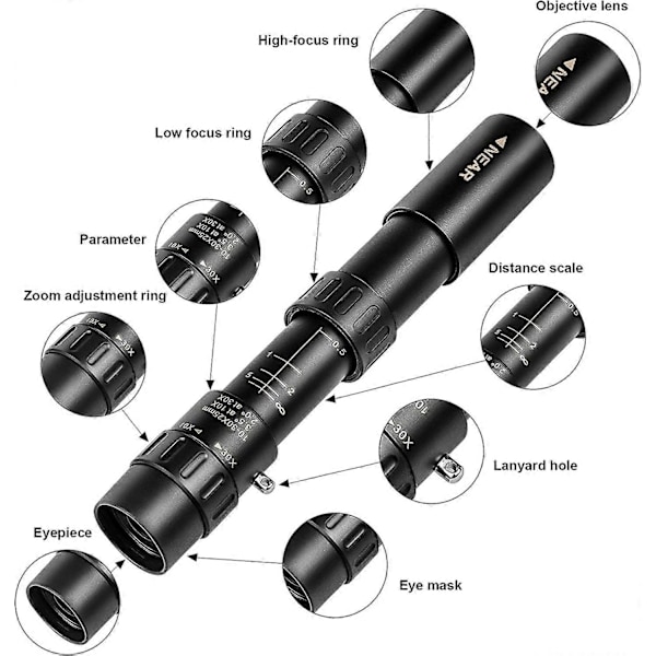 Kompakt Skalerbar Monokulær Zoom 10-30x25mm Lommeformat Mini HD Monokulært Teleskop til Vandring/Camping/Koncert/Rejse (Sort)