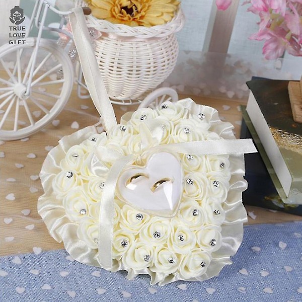 Hjerteformet Falsk Rose Rhinestone Indlagt Bryllupsring Æske Opbevaringsholder Pude Q