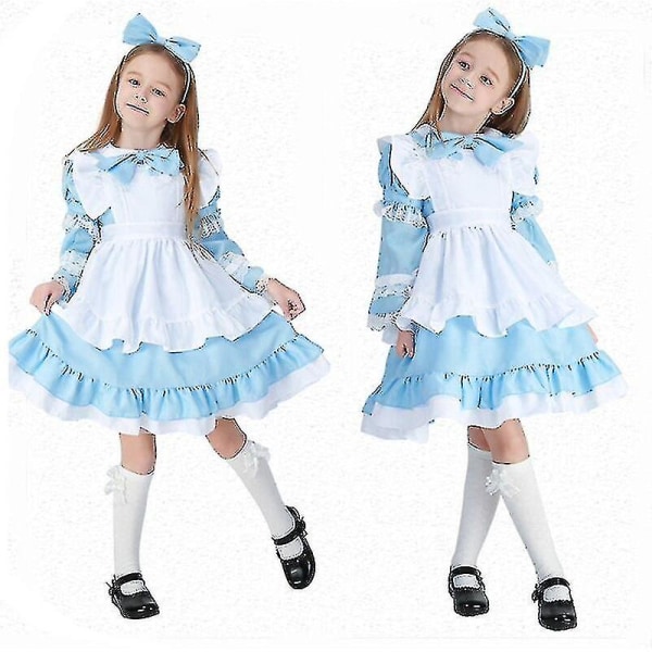 Snabb leverans 3-15 år Barn Flickor Alice Maid Cosplay Karnevalsdräkt Barn Fancy Dress Halloween Alice In Wonderland Kostym Blue XL