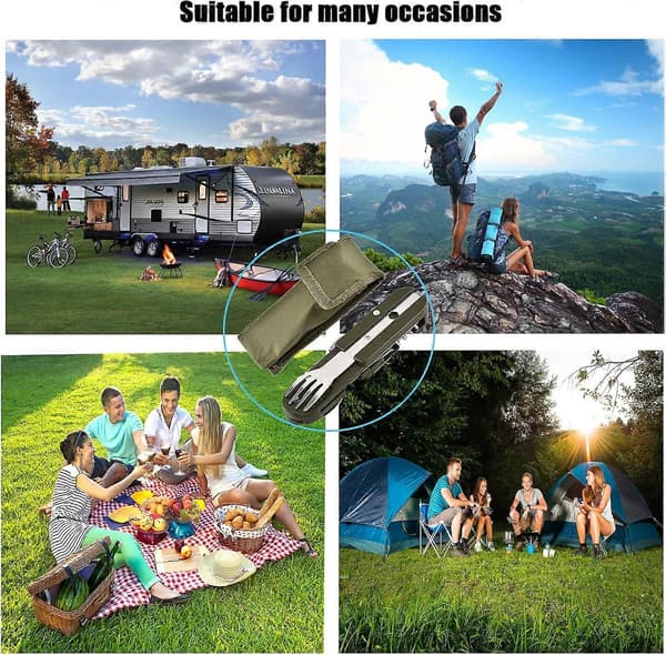 Campingbestikksett, Sunmostar, Rustfritt stål, Grønn/Sølv
